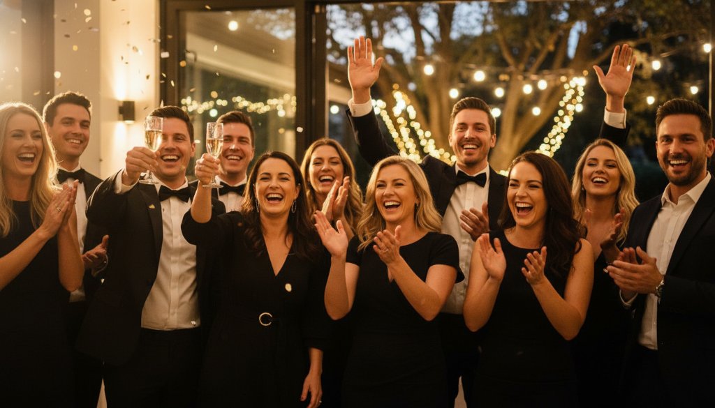 A candid, joyous moment perfectly captured by Balwyn vibrant party photography, showing guests laughing and dancing under twinkling lights at a stylish Balwyn venue, professionally lit and colour-graded.