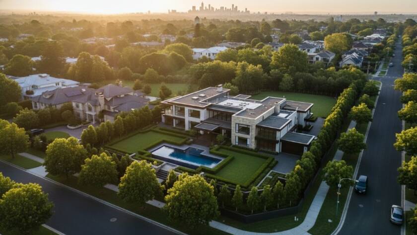 Breathtaking Balwyn Victoria drone photography for stunning property showcases, capturing a grand estate at sunset, with golden light illuminating the manicured gardens and sweeping views towards the city skyline, an epic moment of architectural beauty.