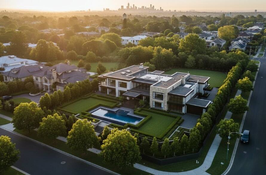 Breathtaking Balwyn Victoria drone photography for stunning property showcases, capturing a grand estate at sunset, with golden light illuminating the manicured gardens and sweeping views towards the city skyline, an epic moment of architectural beauty.
