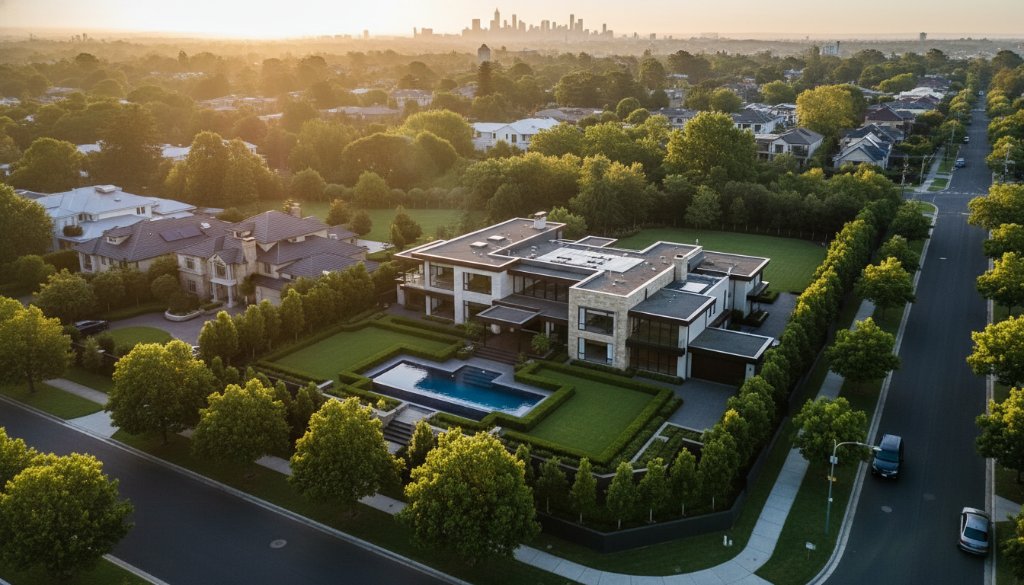 Breathtaking Balwyn Victoria drone photography for stunning property showcases, capturing a grand estate at sunset, with golden light illuminating the manicured gardens and sweeping views towards the city skyline, an epic moment of architectural beauty.