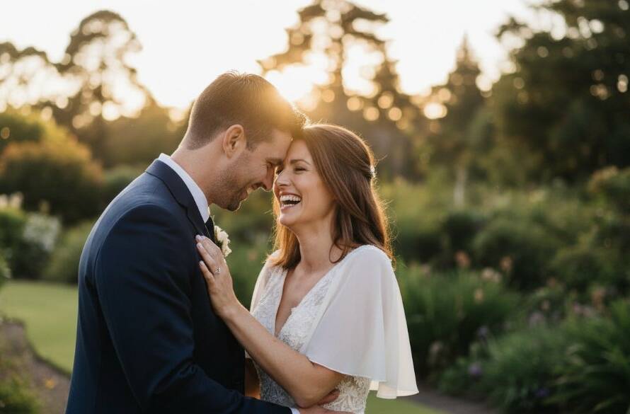 An epic moment of a newlywed couple sharing a joyful, candid embrace in a sun-drenched garden setting in Balwyn, perfectly capturing Balwyn's Best Candid Wedding Photography style.