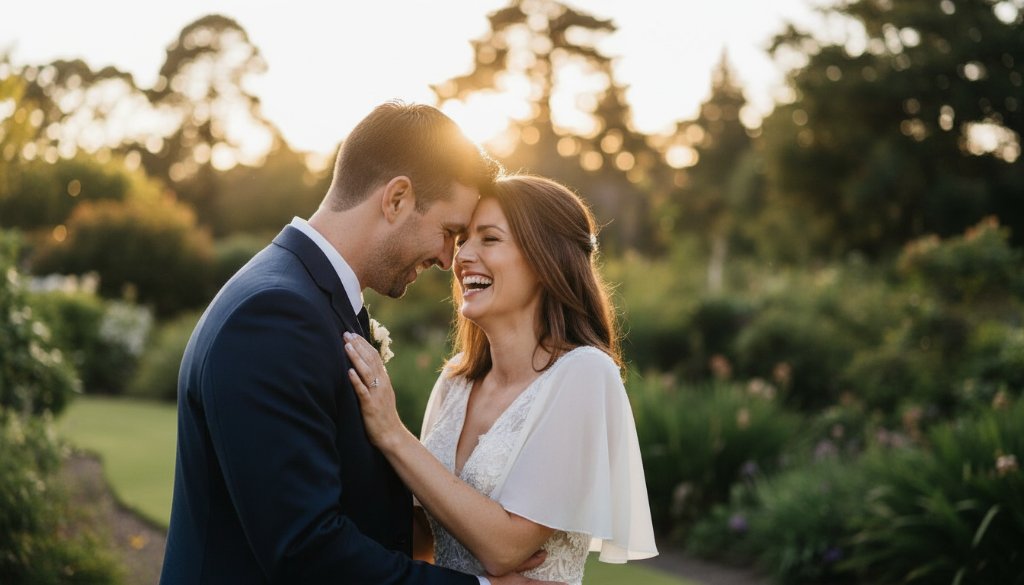An epic moment of a newlywed couple sharing a joyful, candid embrace in a sun-drenched garden setting in Balwyn, perfectly capturing Balwyn's Best Candid Wedding Photography style.