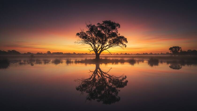 An epic moment photograph by a Bangholme artistic landscape photographer, showcasing the serene wetlands of Bangholme at sunrise, with mist rising over still water reflecting dramatic golden and purple clouds, creating a breathtaking fine art piece.