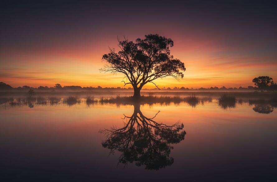 An epic moment photograph by a Bangholme artistic landscape photographer, showcasing the serene wetlands of Bangholme at sunrise, with mist rising over still water reflecting dramatic golden and purple clouds, creating a breathtaking fine art piece.