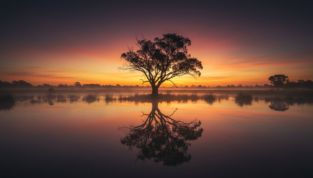 An epic moment photograph by a Bangholme artistic landscape photographer, showcasing the serene wetlands of Bangholme at sunrise, with mist rising over still water reflecting dramatic golden and purple clouds, creating a breathtaking fine art piece.