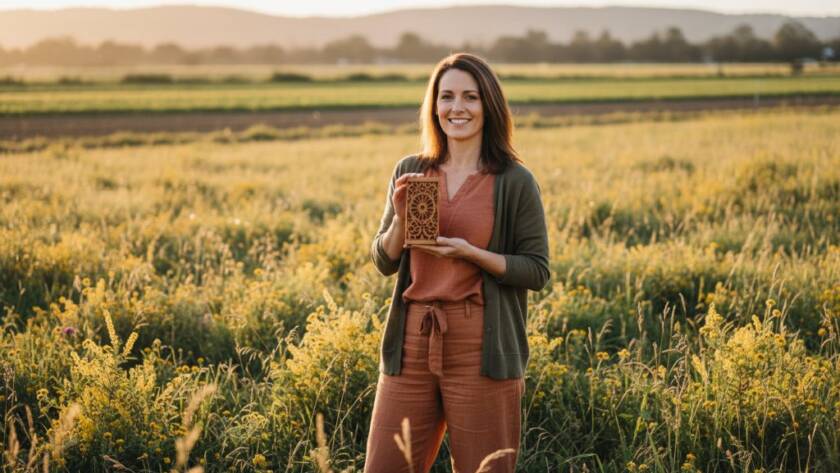A passionate local entrepreneur in Bangholme poses confidently amidst vibrant native Australian flora, captured with dramatic, golden hour lighting showcasing their authentic brand story through professional branding photography. The scene radiates ambition and community connection.