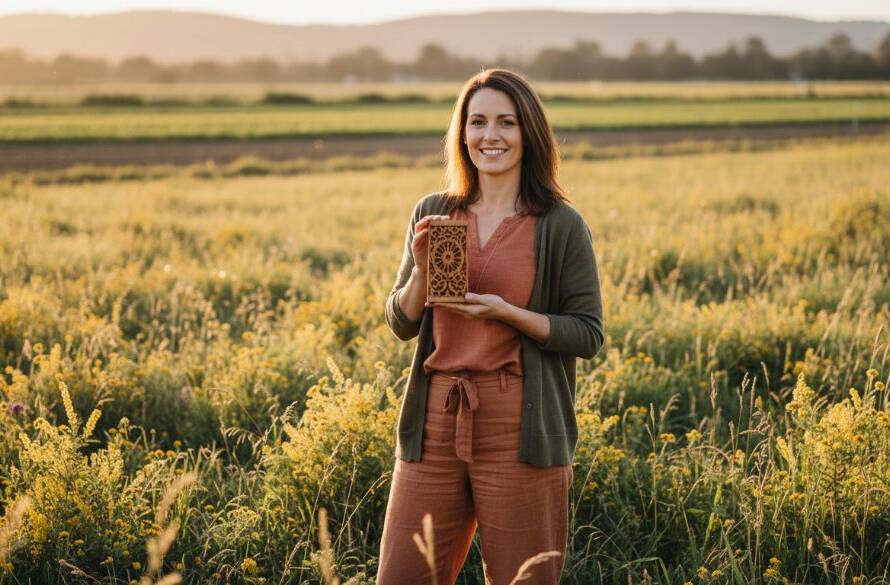A passionate local entrepreneur in Bangholme poses confidently amidst vibrant native Australian flora, captured with dramatic, golden hour lighting showcasing their authentic brand story through professional branding photography. The scene radiates ambition and community connection.