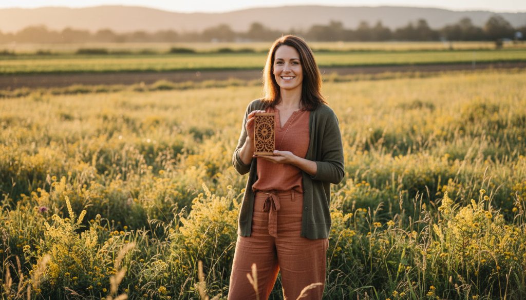 A passionate local entrepreneur in Bangholme poses confidently amidst vibrant native Australian flora, captured with dramatic, golden hour lighting showcasing their authentic brand story through professional branding photography. The scene radiates ambition and community connection.