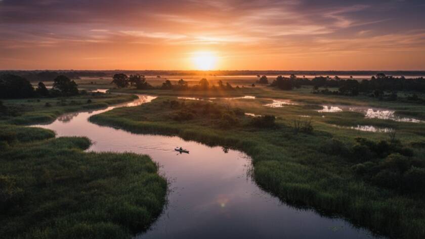 An epic moment captured by Bangholme breathtaking aerial drone photography, showcasing a vibrant sunset over the Dandenong Valley wetlands with a lone kayaker silhouetted against the golden hour light, reflecting professionally graded colours and dramatic composition.