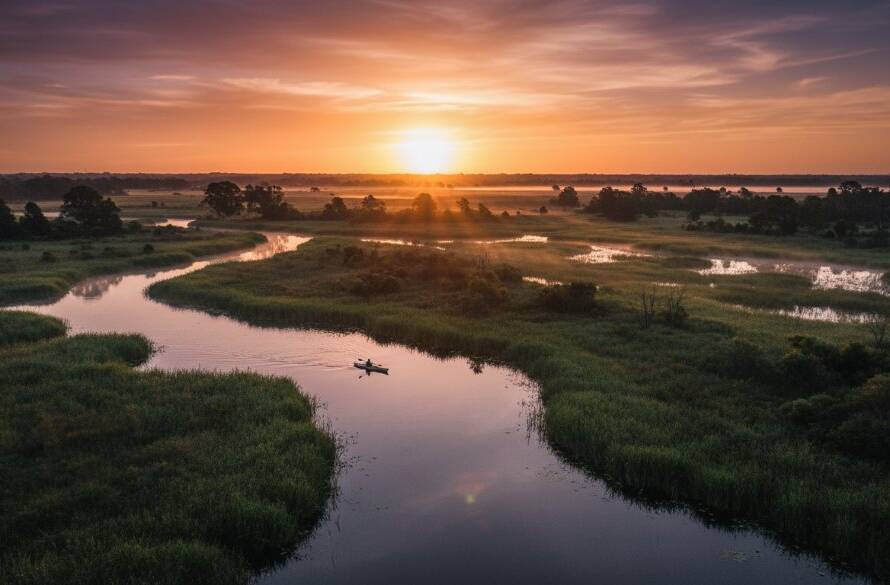 An epic moment captured by Bangholme breathtaking aerial drone photography, showcasing a vibrant sunset over the Dandenong Valley wetlands with a lone kayaker silhouetted against the golden hour light, reflecting professionally graded colours and dramatic composition.