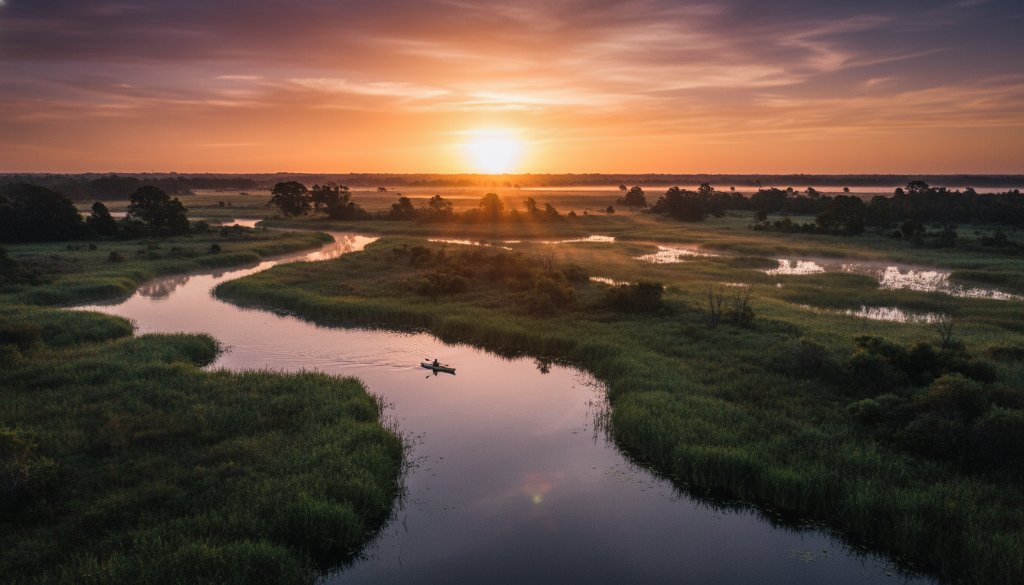 An epic moment captured by Bangholme breathtaking aerial drone photography, showcasing a vibrant sunset over the Dandenong Valley wetlands with a lone kayaker silhouetted against the golden hour light, reflecting professionally graded colours and dramatic composition.