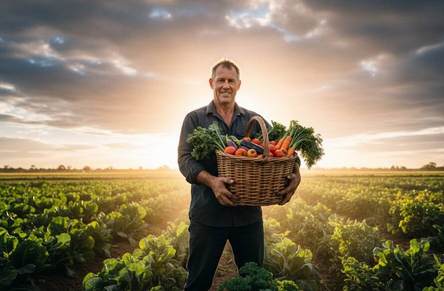 An epic moment captured through Bangholme business editorial storytelling photography, showing a dedicated local market garden owner proudly holding a harvest under dramatic golden hour light, conveying their connection to the land and hard work.