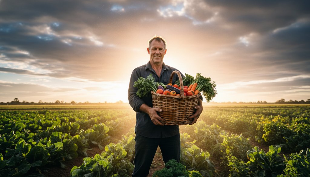 An epic moment captured through Bangholme business editorial storytelling photography, showing a dedicated local market garden owner proudly holding a harvest under dramatic golden hour light, conveying their connection to the land and hard work.