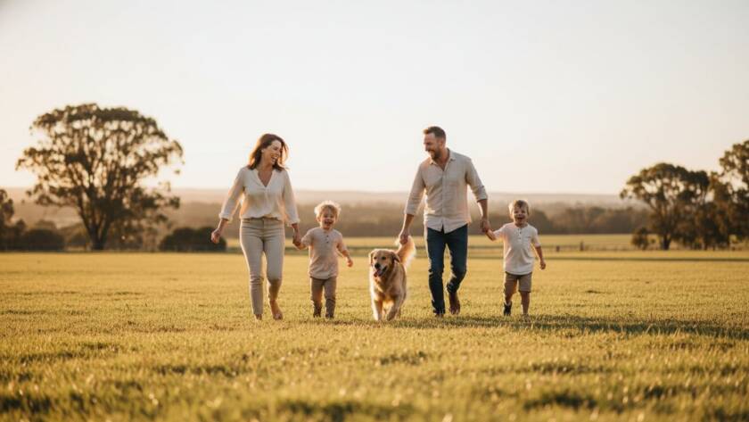 An emotionally resonant, candid photograph of a family laughing joyously together in a sun-drenched, open field in Bangholme, Victoria, capturing genuine moments with warm, golden hour light.