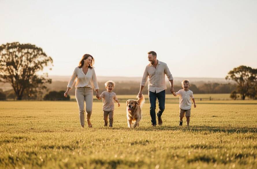 An emotionally resonant, candid photograph of a family laughing joyously together in a sun-drenched, open field in Bangholme, Victoria, capturing genuine moments with warm, golden hour light.