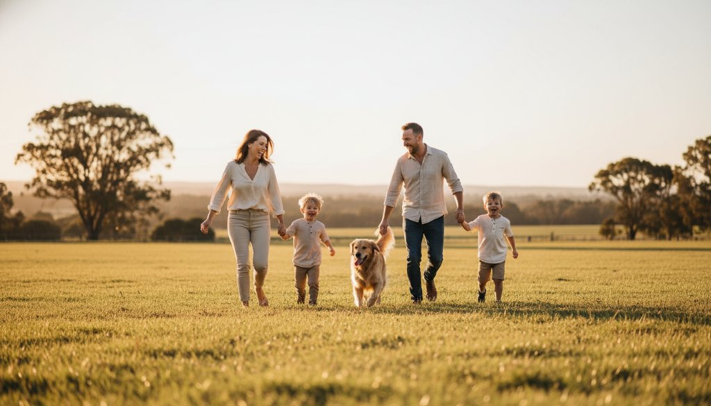 An emotionally resonant, candid photograph of a family laughing joyously together in a sun-drenched, open field in Bangholme, Victoria, capturing genuine moments with warm, golden hour light.