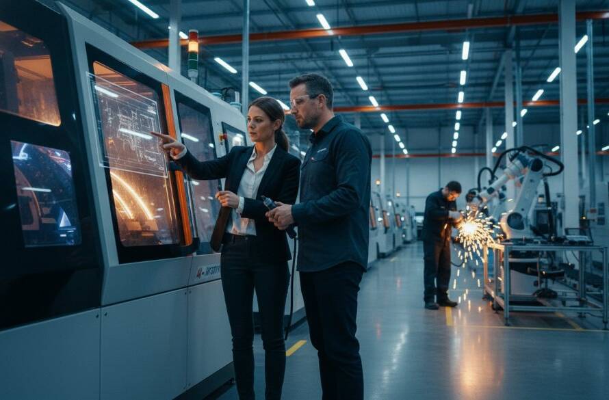 An epic moment captured through Bangholme commercial photography for local business branding, showing a dynamic, well-lit scene inside a modern Bangholme manufacturing facility, with skilled workers collaborating around intricate machinery, conveying innovation and quality, professionally color-graded.