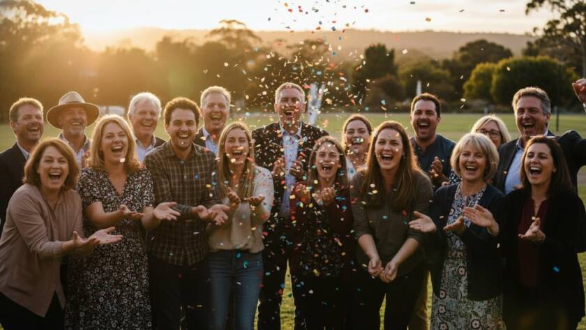 A wide-angle, vibrant photograph capturing an epic, joyous moment at a community festival in Bangholme, Victoria, featuring diverse people laughing and interacting under a setting sun, showcasing professional Bangholme event photography for memorable moments Victoria.