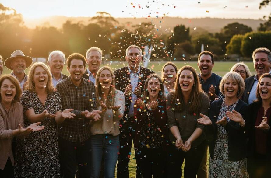 A wide-angle, vibrant photograph capturing an epic, joyous moment at a community festival in Bangholme, Victoria, featuring diverse people laughing and interacting under a setting sun, showcasing professional Bangholme event photography for memorable moments Victoria.