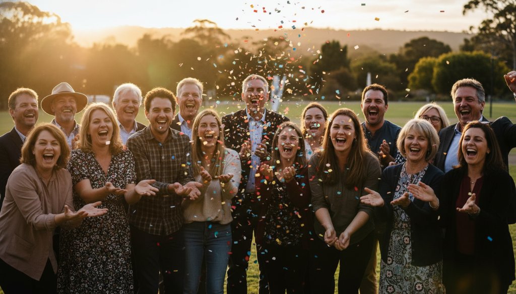 A wide-angle, vibrant photograph capturing an epic, joyous moment at a community festival in Bangholme, Victoria, featuring diverse people laughing and interacting under a setting sun, showcasing professional Bangholme event photography for memorable moments Victoria.