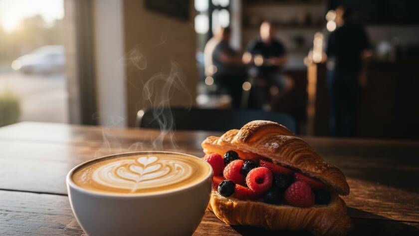 Dramatic close-up of a perfectly plated, steam-rising artisanal brunch dish on a rustic wooden table, bathed in golden morning light inside a charming Bangholme Victoria artisanal cafe, showcasing exquisite Bangholme Victoria artisanal cafe food photography.