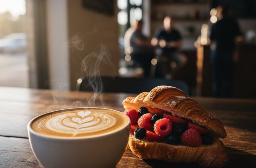 Dramatic close-up of a perfectly plated, steam-rising artisanal brunch dish on a rustic wooden table, bathed in golden morning light inside a charming Bangholme Victoria artisanal cafe, showcasing exquisite Bangholme Victoria artisanal cafe food photography.