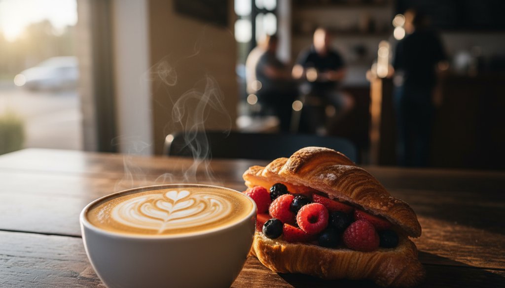 Dramatic close-up of a perfectly plated, steam-rising artisanal brunch dish on a rustic wooden table, bathed in golden morning light inside a charming Bangholme Victoria artisanal cafe, showcasing exquisite Bangholme Victoria artisanal cafe food photography.
