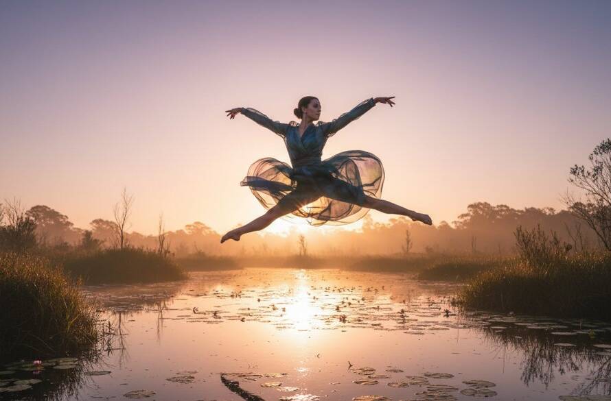 An 'epic moment' photograph showcasing a contemporary dancer mid-air, performing a dynamic leap against the ethereal morning light of the Bangholme Wetlands, embodying the spirit of Bangholme Wetlands Dance Photography Artistry.