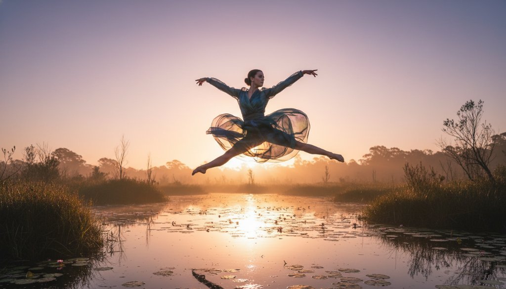 An 'epic moment' photograph showcasing a contemporary dancer mid-air, performing a dynamic leap against the ethereal morning light of the Bangholme Wetlands, embodying the spirit of Bangholme Wetlands Dance Photography Artistry.
