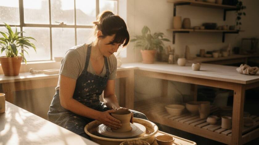 An inspiring, high-angle shot capturing Bayswater business branding photography success, featuring a dynamic female entrepreneur in her modern, light-filled Bayswater studio, a perfectly composed brand flat lay on a natural wood table in the foreground, with warm, golden hour light streaming through a large window, creating dramatic shadows and highlights, showcasing professionalism and creativity.