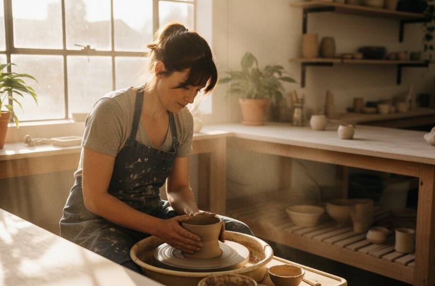 An inspiring, high-angle shot capturing Bayswater business branding photography success, featuring a dynamic female entrepreneur in her modern, light-filled Bayswater studio, a perfectly composed brand flat lay on a natural wood table in the foreground, with warm, golden hour light streaming through a large window, creating dramatic shadows and highlights, showcasing professionalism and creativity.