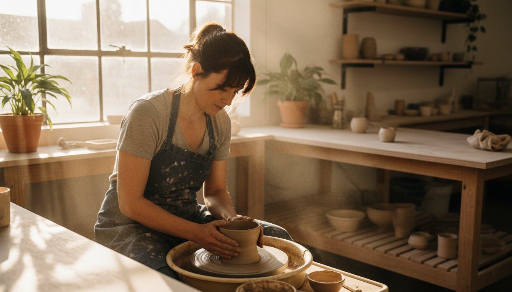 An inspiring, high-angle shot capturing Bayswater business branding photography success, featuring a dynamic female entrepreneur in her modern, light-filled Bayswater studio, a perfectly composed brand flat lay on a natural wood table in the foreground, with warm, golden hour light streaming through a large window, creating dramatic shadows and highlights, showcasing professionalism and creativity.