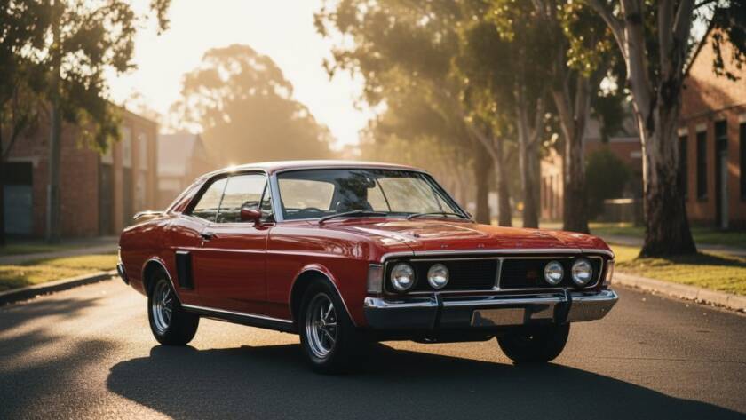 Dramatic shot of a meticulously restored vintage muscle car parked at sunset with the distinctive industrial backdrop of Bayswater, Victoria, bathed in golden hour light, showcasing expert Bayswater car photography capturing classic vehicles.