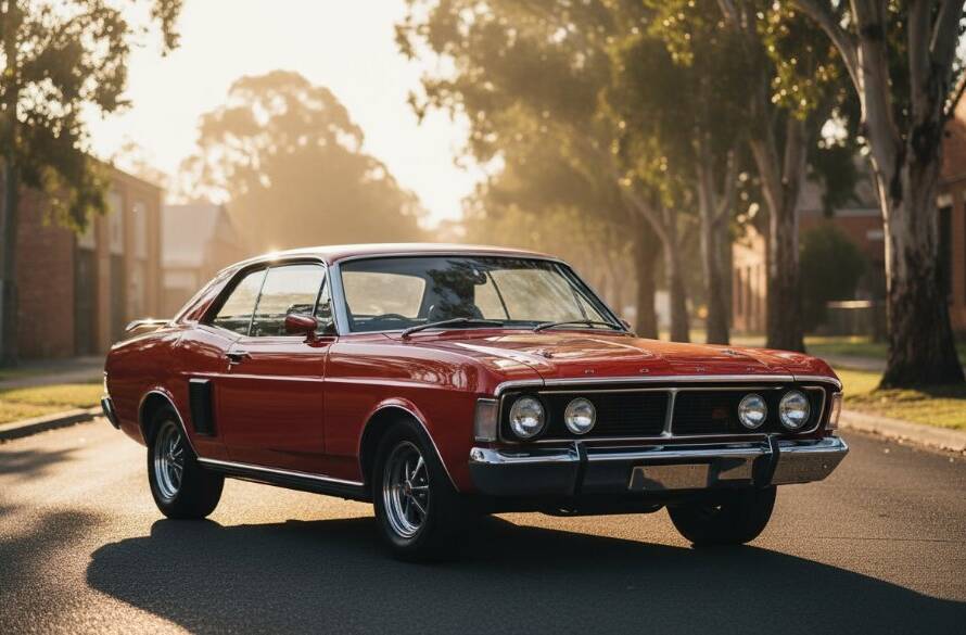 Dramatic shot of a meticulously restored vintage muscle car parked at sunset with the distinctive industrial backdrop of Bayswater, Victoria, bathed in golden hour light, showcasing expert Bayswater car photography capturing classic vehicles.