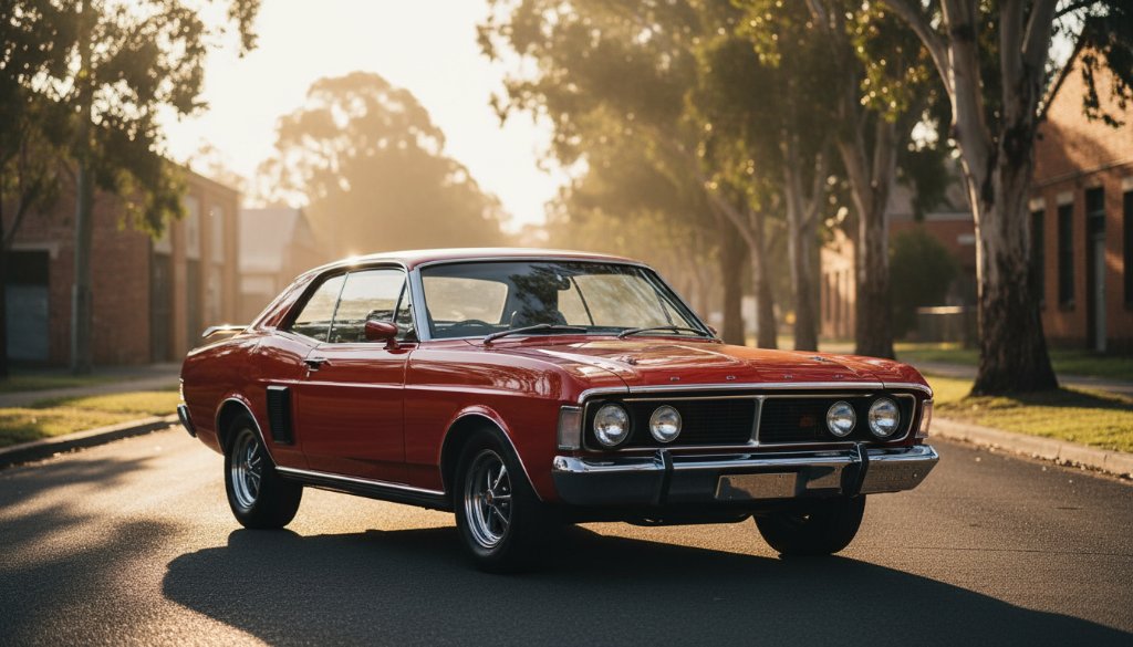 Dramatic shot of a meticulously restored vintage muscle car parked at sunset with the distinctive industrial backdrop of Bayswater, Victoria, bathed in golden hour light, showcasing expert Bayswater car photography capturing classic vehicles.