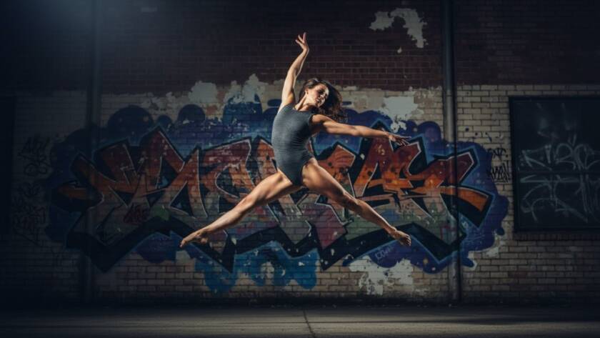 Dynamic wide shot of a dancer mid-leap against a dramatic, blurred backdrop in Bayswater, perfectly showcasing Bayswater dance photography capturing expressive movement with professional lighting and vibrant colours.