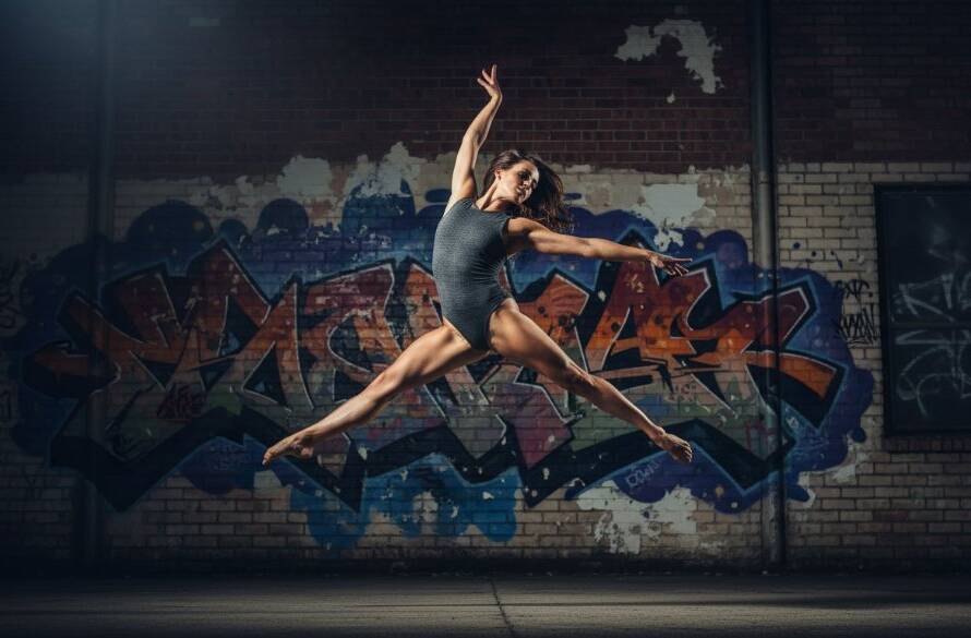 Dynamic wide shot of a dancer mid-leap against a dramatic, blurred backdrop in Bayswater, perfectly showcasing Bayswater dance photography capturing expressive movement with professional lighting and vibrant colours.
