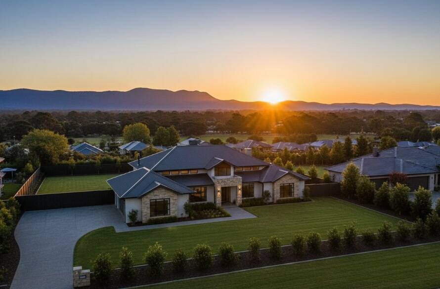An epic, cinematic aerial shot of a modern family home in Bayswater, Victoria, captured by Bayswater drone photography for superior property marketing at sunrise, showcasing the lush garden, sparkling pool, and surrounding green landscapes under dramatic, golden light.