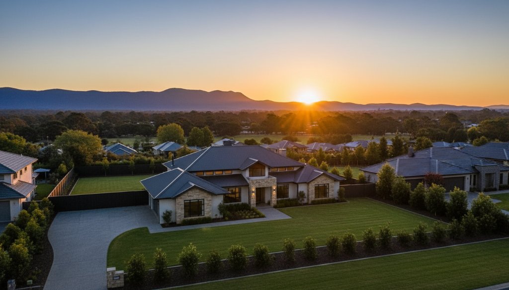 An epic, cinematic aerial shot of a modern family home in Bayswater, Victoria, captured by Bayswater drone photography for superior property marketing at sunrise, showcasing the lush garden, sparkling pool, and surrounding green landscapes under dramatic, golden light.