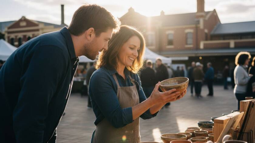 An inspiring wide-angle shot showcasing Bayswater Editorial Photography Victoria Creative Storytelling in action, capturing a vibrant local entrepreneur passionately presenting their unique product at a bustling market stall in Bayswater, Victoria, with dynamic natural light highlighting their expression and the product's details.