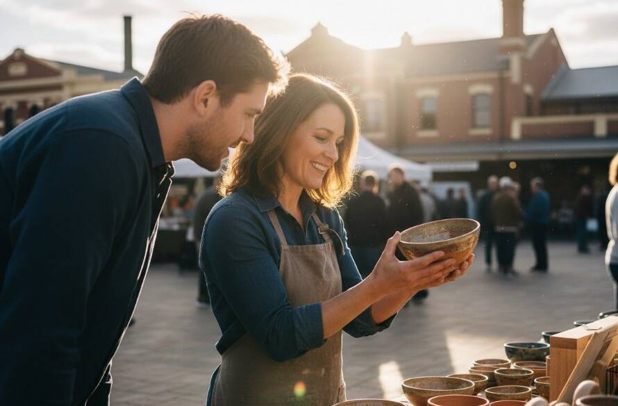 An inspiring wide-angle shot showcasing Bayswater Editorial Photography Victoria Creative Storytelling in action, capturing a vibrant local entrepreneur passionately presenting their unique product at a bustling market stall in Bayswater, Victoria, with dynamic natural light highlighting their expression and the product's details.