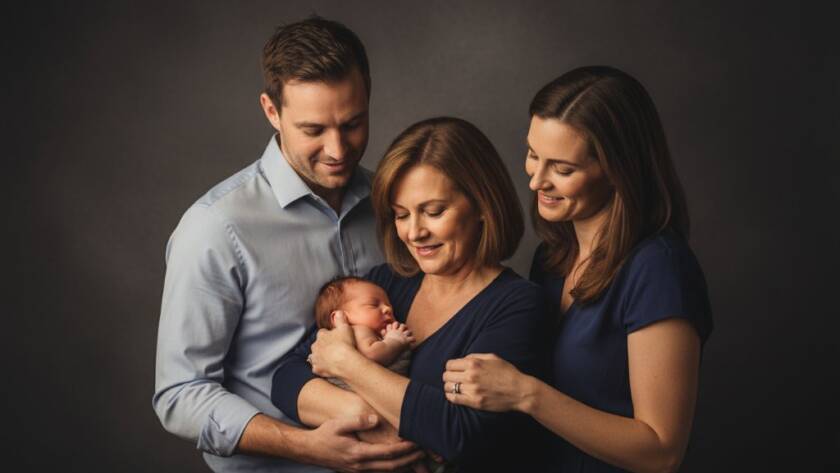 An intimate, professionally lit studio portrait of a Bayswater family, a mother embracing her child with genuine joy, perfectly capturing their connection, showcasing Bayswater family studio photography for timeless portraits with a warm, cinematic feel.
