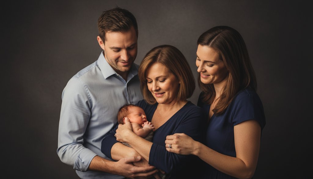 An intimate, professionally lit studio portrait of a Bayswater family, a mother embracing her child with genuine joy, perfectly capturing their connection, showcasing Bayswater family studio photography for timeless portraits with a warm, cinematic feel.