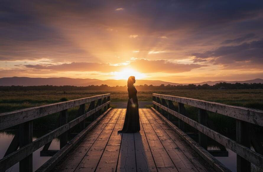 A dramatic and emotionally resonant Bayswater fine art photography image capturing unique local stories, featuring a subject silhouetted against a vibrant sunset over the Dandenong Creek, showcasing the peaceful beauty of Bayswater, Victoria with professional colour grading.