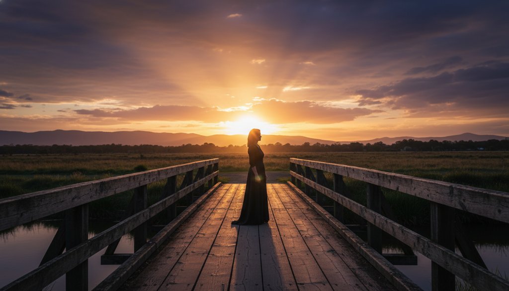 A dramatic and emotionally resonant Bayswater fine art photography image capturing unique local stories, featuring a subject silhouetted against a vibrant sunset over the Dandenong Creek, showcasing the peaceful beauty of Bayswater, Victoria with professional colour grading.
