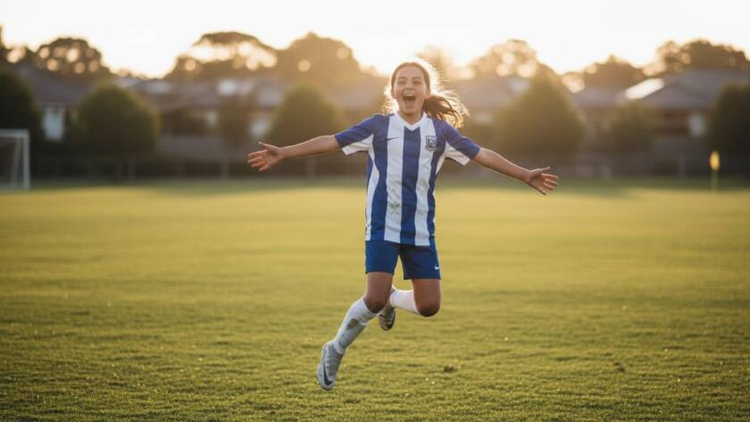 Dynamic close-up of a young footballer in mid-air celebrating a goal on a sunny Bayswater field, expertly capturing epic moments in junior sports photography.