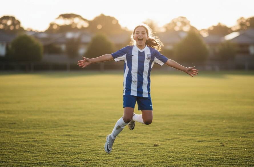 Dynamic close-up of a young footballer in mid-air celebrating a goal on a sunny Bayswater field, expertly capturing epic moments in junior sports photography.