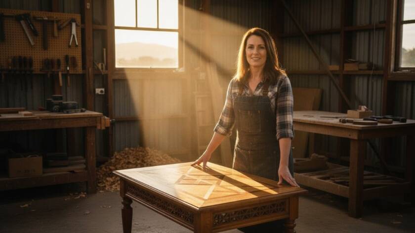 Epic moment in Bayswater North advertising photography for dynamic brand stories: a local artisan, bathed in dramatic sunlight, proudly presents their handcrafted product in a rustic Bayswater North workshop, evoking authenticity and pride.