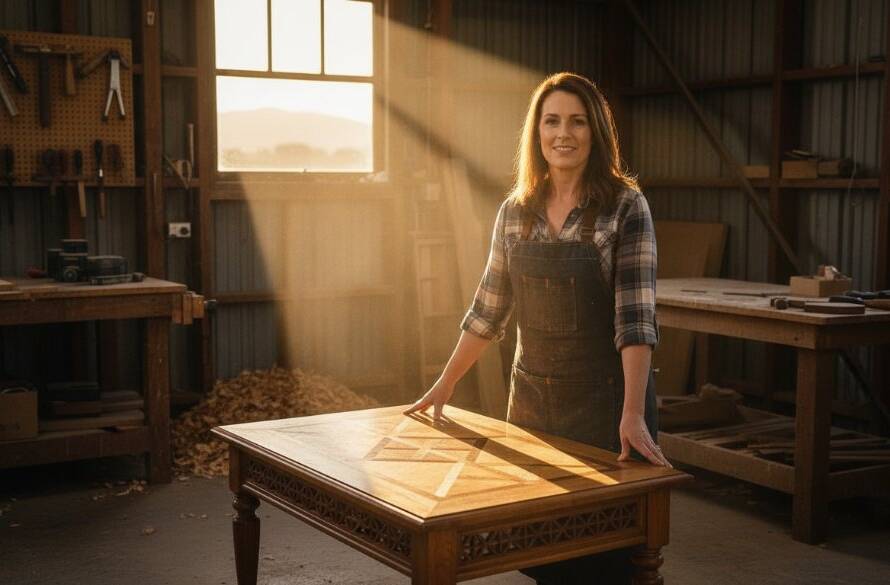 Epic moment in Bayswater North advertising photography for dynamic brand stories: a local artisan, bathed in dramatic sunlight, proudly presents their handcrafted product in a rustic Bayswater North workshop, evoking authenticity and pride.