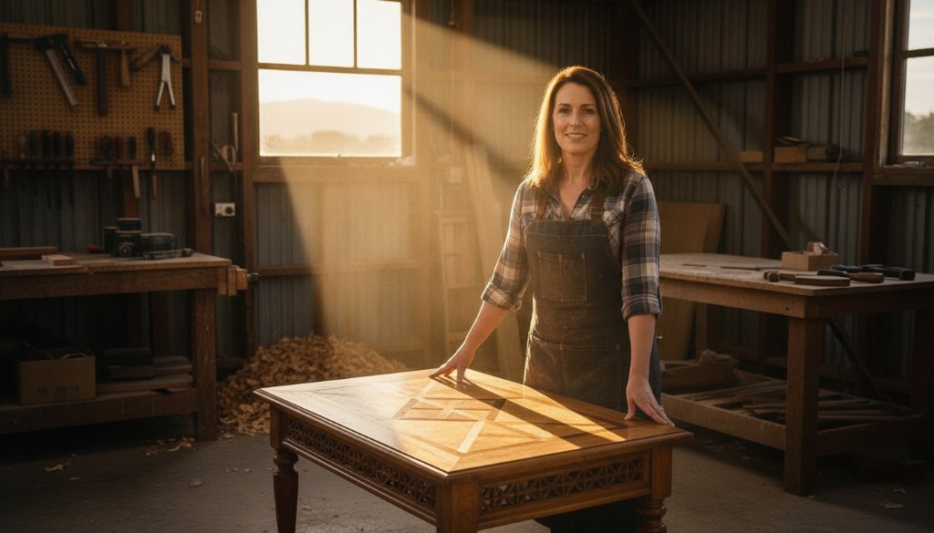Epic moment in Bayswater North advertising photography for dynamic brand stories: a local artisan, bathed in dramatic sunlight, proudly presents their handcrafted product in a rustic Bayswater North workshop, evoking authenticity and pride.